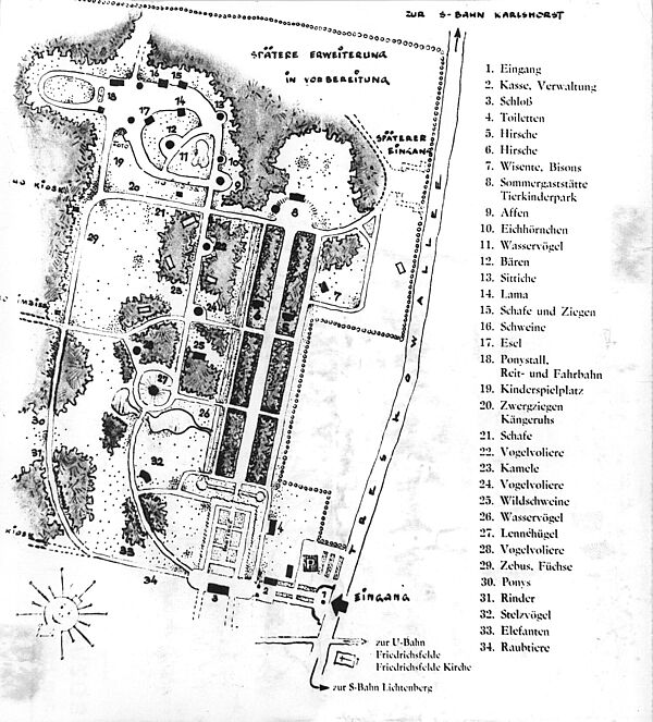 Planskizze des Tierparks Berlin-Friedrichsfelde mit Geländeplan und nummerierten Tiergehegen.
