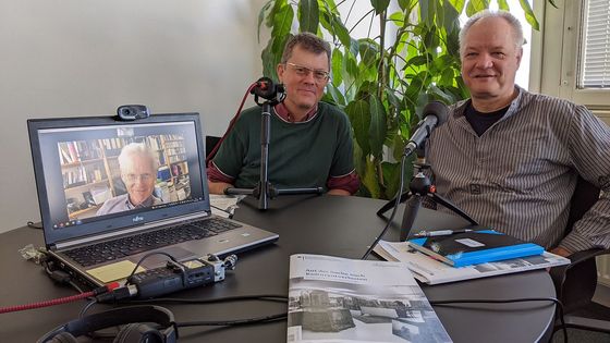 Maximilian Schönherr (per Laptop zugeschaltet), Ralf Blum und Arno Polzin bei der Aufnahme des Podcasts.