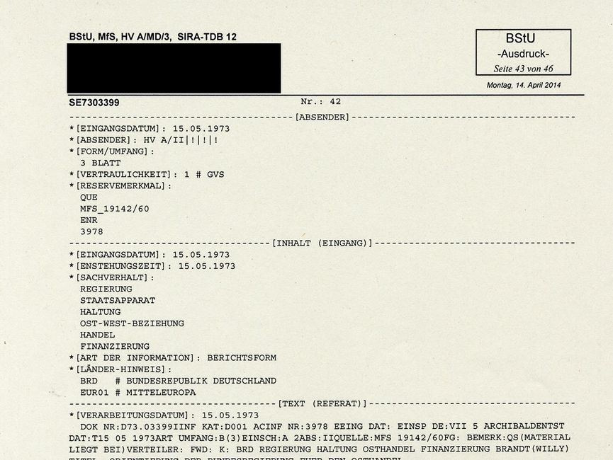 SIRA Eingangsinformation eines Berichts von "Hansen" zur "Orientierung der Bundesregierung für den Osthandel" vom 15.05.1973