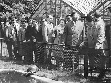 Gruppe von Menschen an einem Schildkrötengehege im Tierpark Berlin-Friedrichsfelde, darunter der Leiter der Mongolischen Parlamentsdelegation Surenshaw und Tierpark-Direktor Dathe.