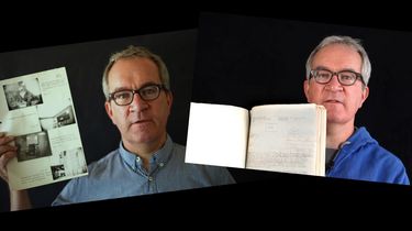 Zwei Screenshots aus der Videoreihe '40 Dinge. Fundstücke aus 40 Jahren Stasi' auf schwarzem Hintergrund. Auf den Screenshots ist jeweils der Kopf und Oberkörper des Historikers Philipp Springer zu sehen. Im linken Bild hält er eine Akte mit Fotos vor sich.