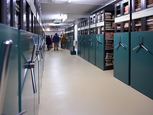 Blick in einen Magazinraum des Bundesarchivs. Links und rechts sind Aktenschränke zu sehen, im Hintergrund stehen Menschen