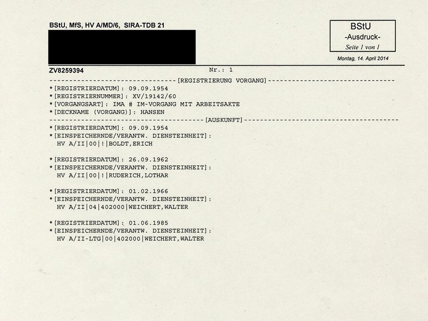 Registrierung von "Hansen" in der Teildatenbank 21 vom 9. September 1954 