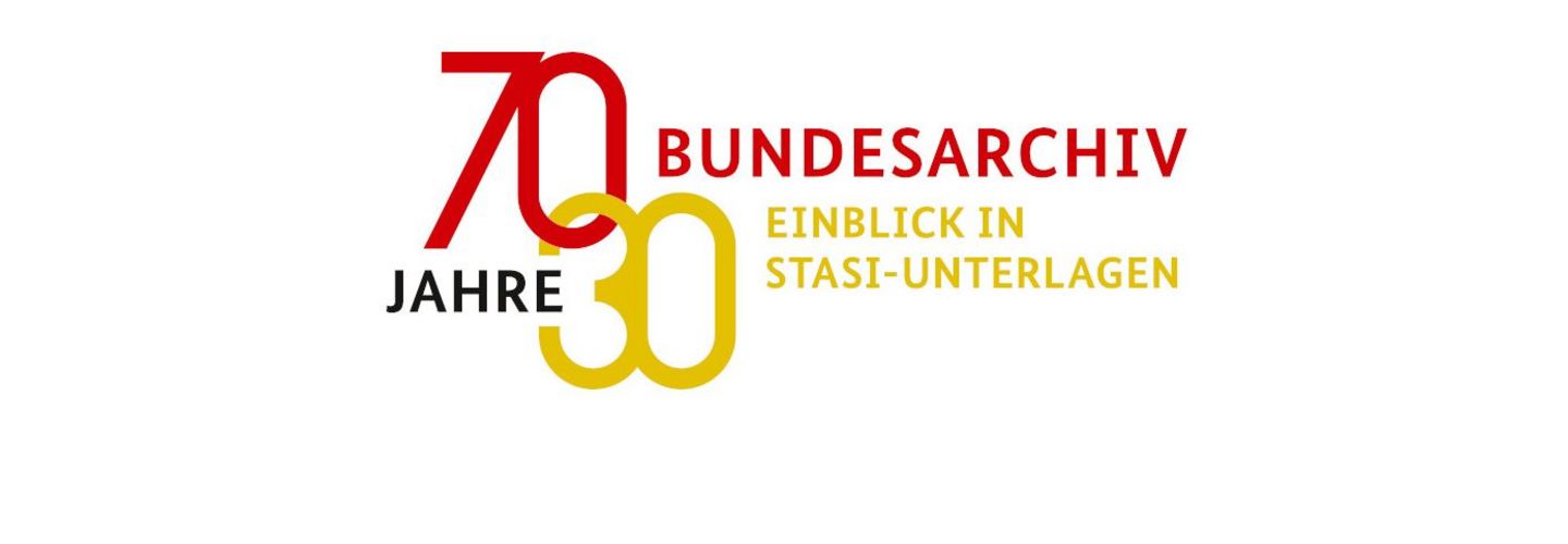 Logo der Reihe "70 Jahre Bundesarchiv - 30 Jahre Einsicht in die Stasi-Unterlagen" in schwarzer, roter und gelber Schrift.