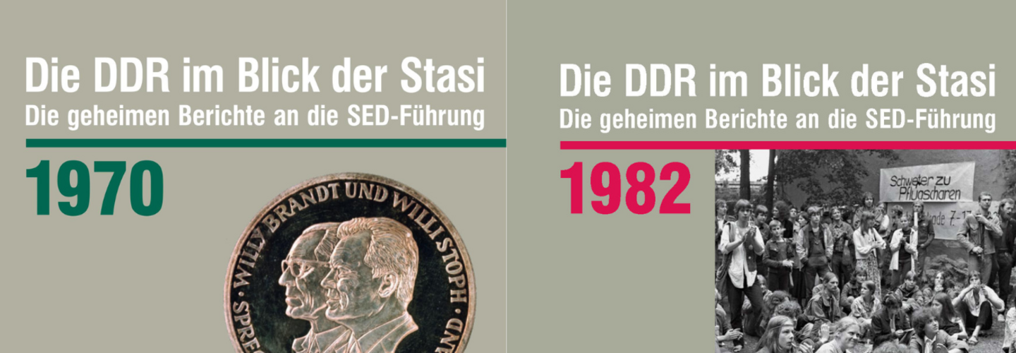 Collage der Cover zu den neuen Bänden 1970 und 1982 der Reihe 'Die DDR im Blick der Stasi'