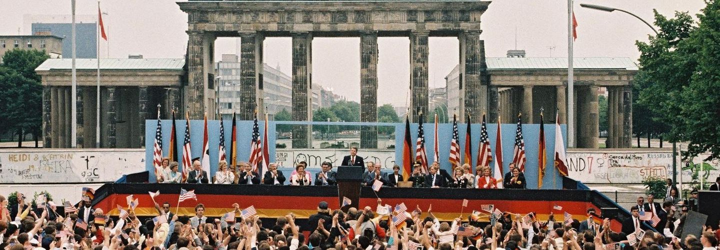 Ronald Reagan, Präsident der USA, während seiner Rede am Brandenburger Tor