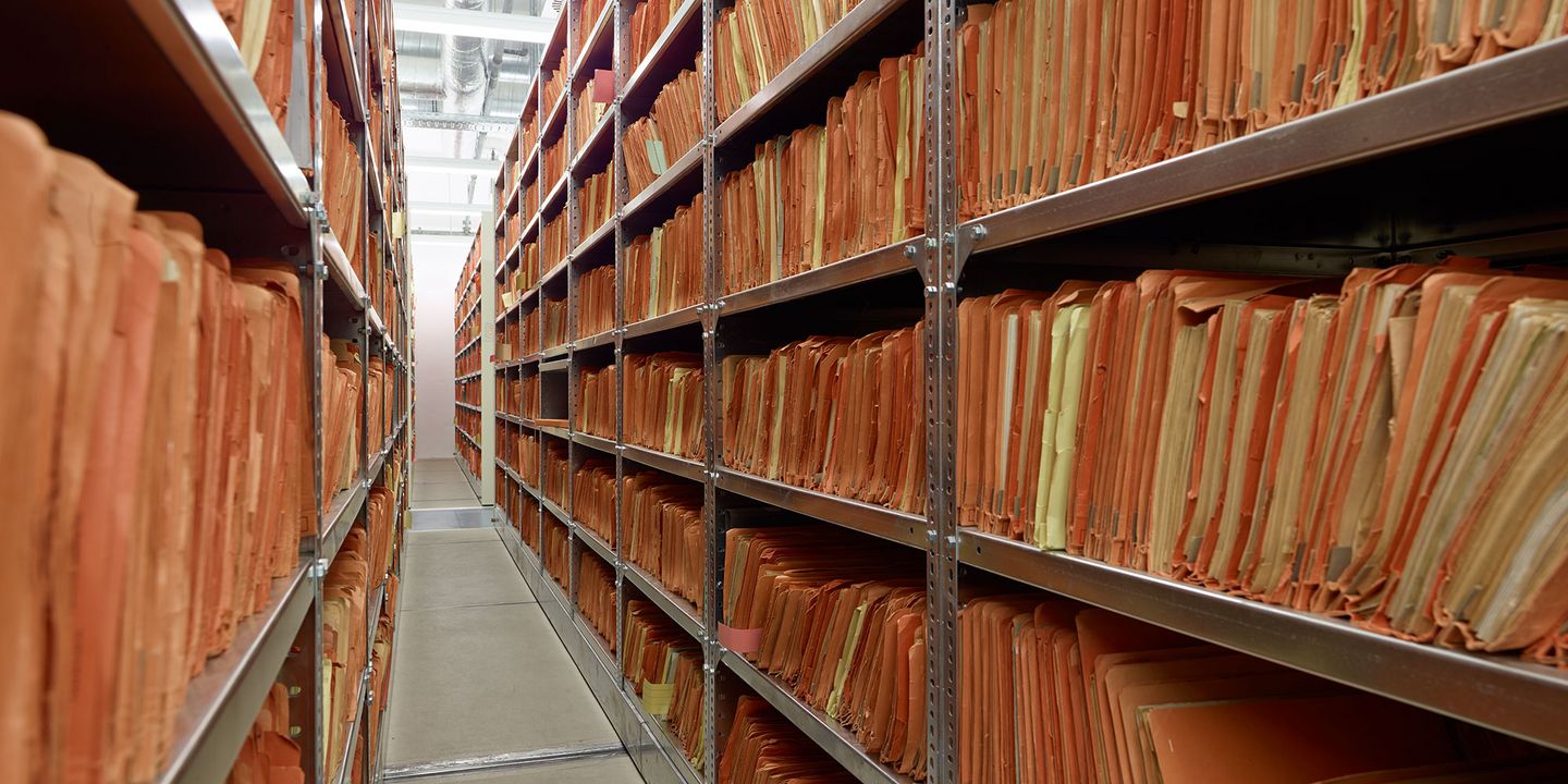 Shelves in the archive in Berlin., Source:
                BStU