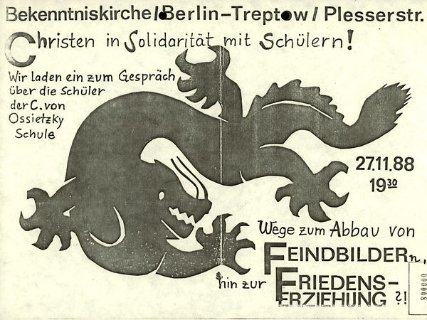 Plakat mit der Ankündigung einer Solidaritätsveranstaltung am 27. November 1988 der Bekenntniskirche Berlin-Treptow 