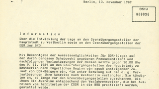 Information über die Lage an der Grenze in Ost-Berlin am Abend des Mauerfalls