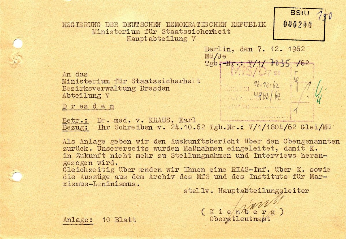 Das Bild zeigt ein Dokument: Die Hauptabteilung V schreibt an die Bezirksverwaltung Dresden, dass Karl von Kraus keine weiteren interviews geben darf.