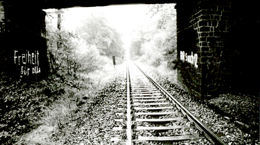 Auf dem schwarzweißen Lichtbild ist ein Gleisstrang abgebildet, der zwischen dichter Vegetation verläuft. Im Vordergrund zwei Brückenpfeiler, zwischen denen die Bahnstrecke verläuft, zu sehen. Der linke Brückenpfeiler wurde mit der Losung 'Freiheit für alle', der rechte Pfeiler mit 'DDR 5 nach 12' in weißer Farbe beschriftet.