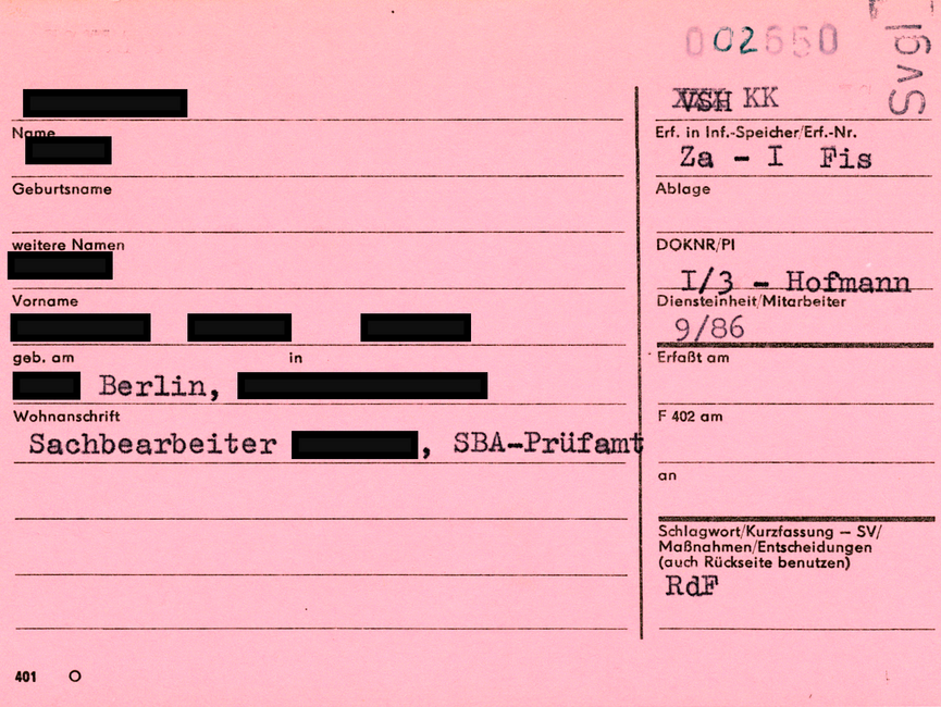 Rosa Karteikarte des Typs "Formblatt 401", verwendet als VSH der Hauptabteilung XIX, Abteilung 1